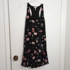Joie Arianna Black Silk Travel Stamp Racerback Flounce Hem Dress